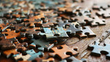 Unfinished Jigsaw Puzzle Pieces on Wooden Table Concept of Challenge and Solution