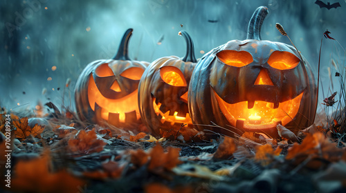 Spooky Halloween Pumpkins with Glowing Faces Autumn Leaves and Misty Background