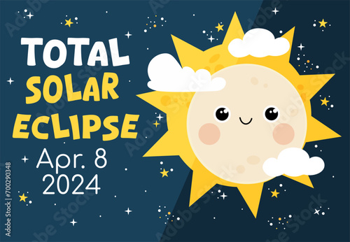 Total solar eclipse hand drawn banner. Vector moon cute character design.