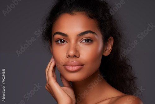 Beautiful young Latin American woman takes care of her skin, posing over grey background
