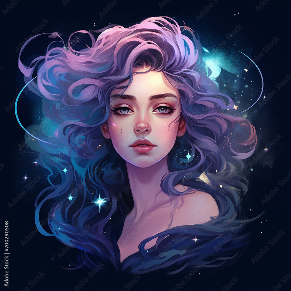 Amazing Star Goddess Woman Fairy Glamour Romantic Portrait Digital Generated Hypnotic Illustration