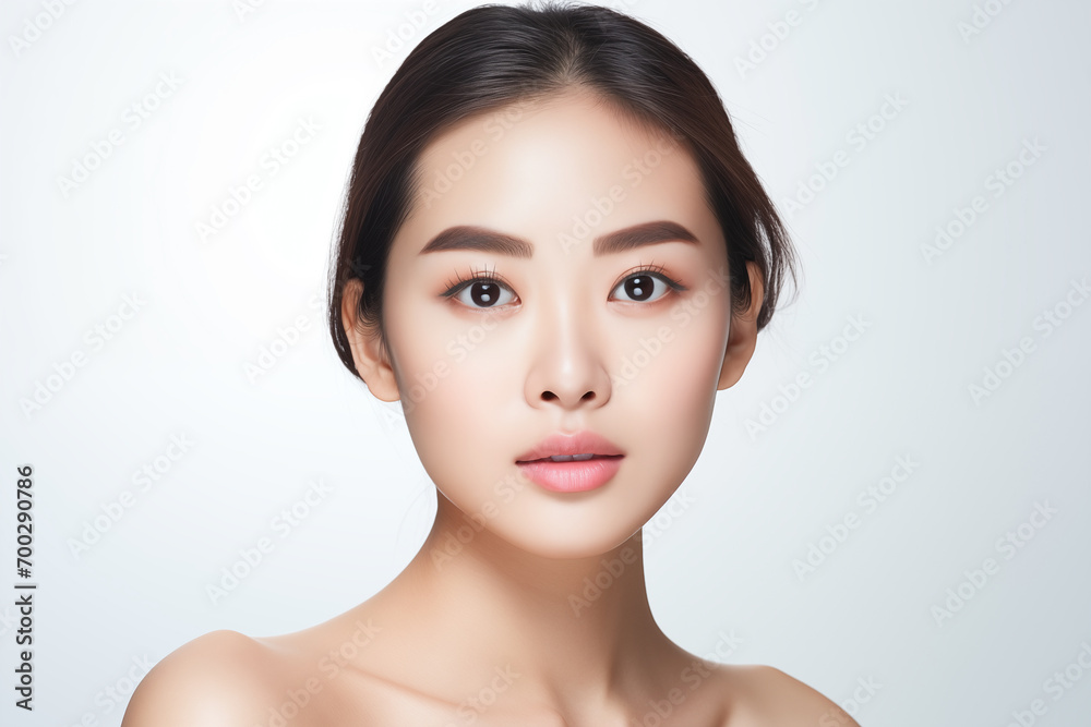Beautiful happy young Asian woman takes care of her skin, posing over grey background Beautiful happy young Asian woman takes care of her skin, posing over grey background