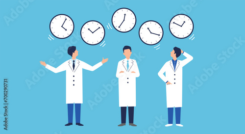 医師の働き方改革のイラストイメージ、ドクターと時計、ベクター photo