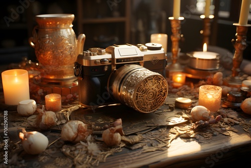 Vintage still life with old camera and candlestick on the table