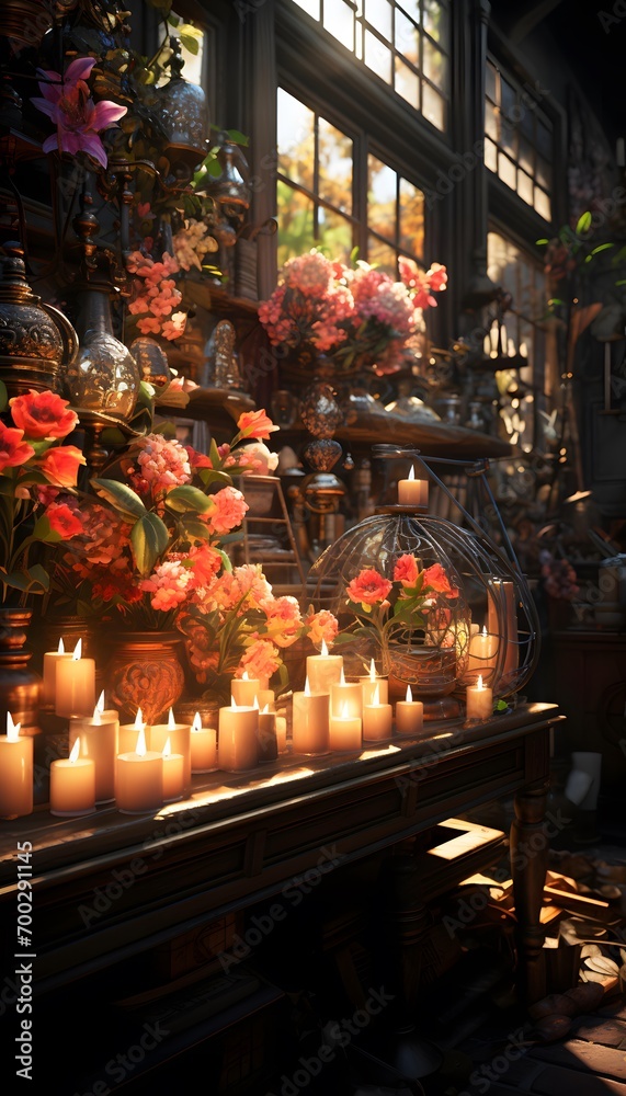 Orthodox church interior with candles and flowers. Panoramic view.