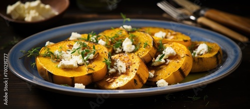 Squash roast with herbs, feta cheese, served rustic