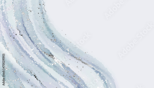 Modern marble texture border with silver splash and glitter splatter.