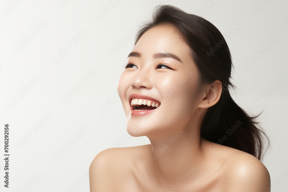 Beautiful laughing young Asian woman takes care of her skin, posing over grey background Beautiful laughing young Asian woman takes care of her skin, posing over grey background