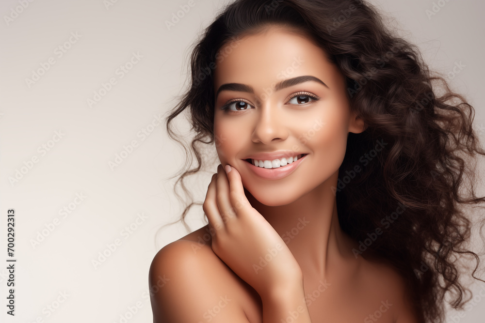 Beautiful happy young Latin American woman takes care of her skin, posing over beige background Beautiful happy young Latin American woman takes care of her skin, posing over beige background