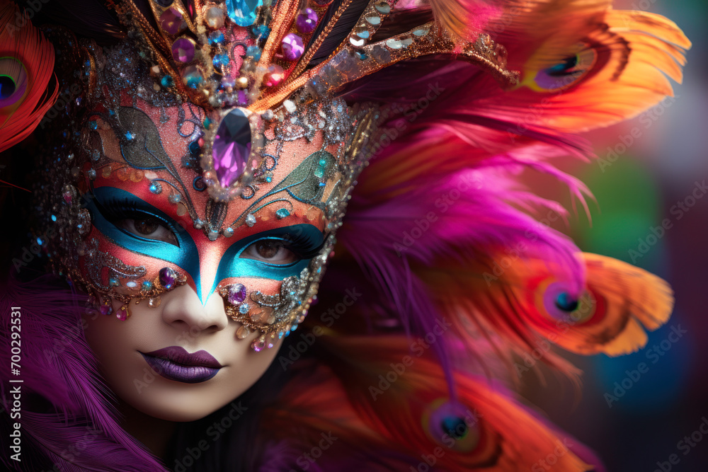 Portrait of a woman in elaborate carnival makeup and costume