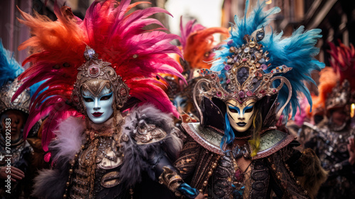 People wearing carnival costumes with vibrant feathered headdresses