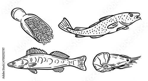 Seafood set. Vector illustration in doodle style