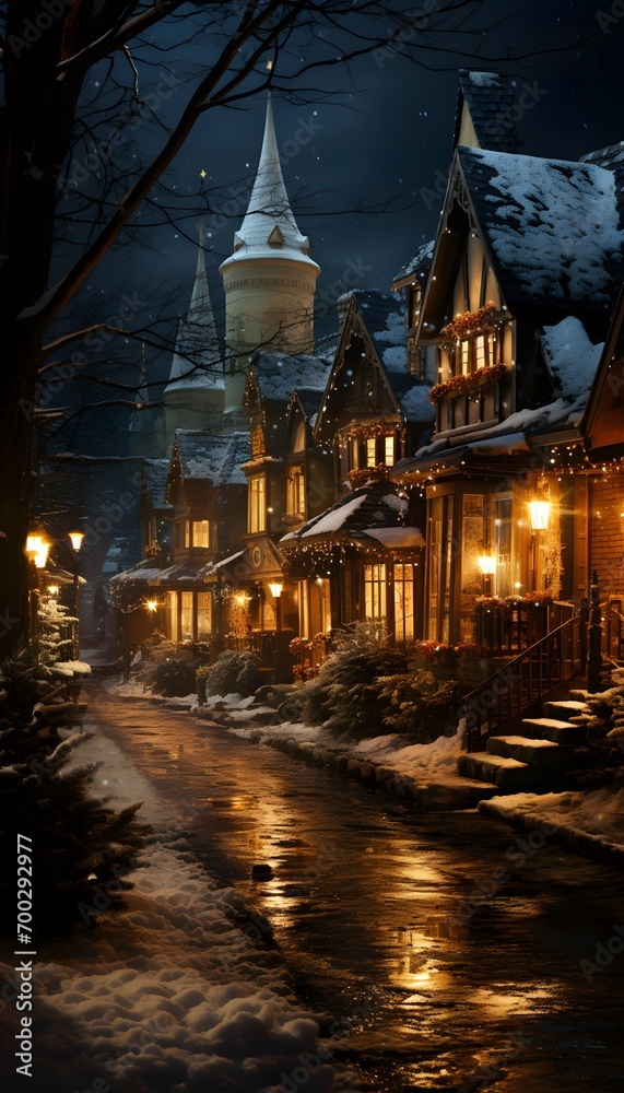 Winter night in old town of Hallstatt, Austria, Europe