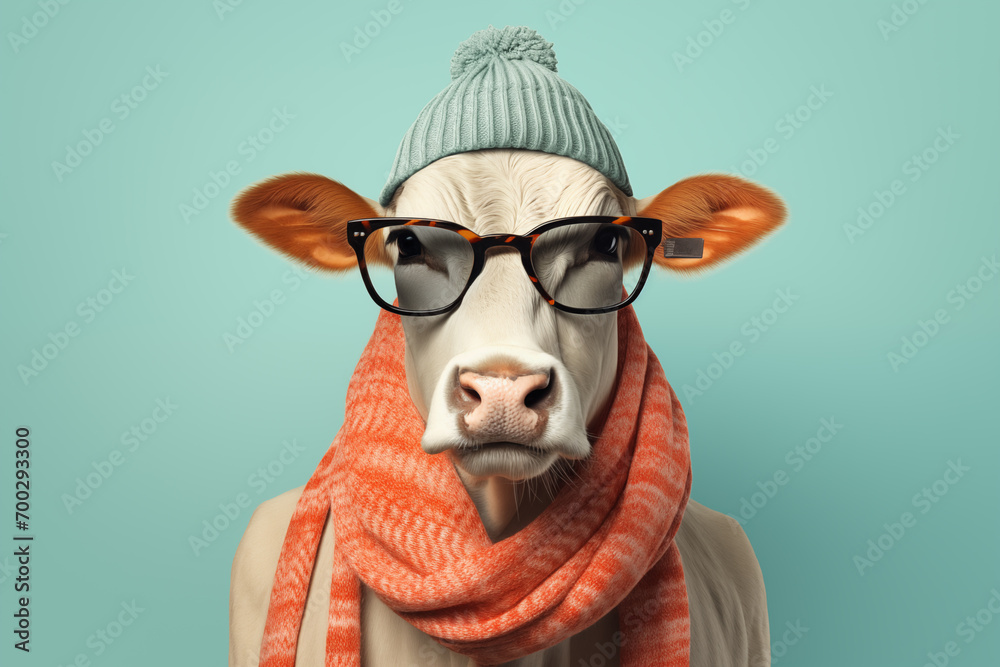 Cow wearing funky hat, hipster glasses and stylish outfit. Humanoid animal posing as a model, isolated on pastel blue background Cow wearing funky hat, hipster glasses and stylish outfit. Humanoid animal posing as a model, isolated on pastel blue background