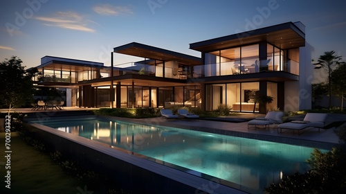 Exterior of a modern villa with swimming pool at dusk.
