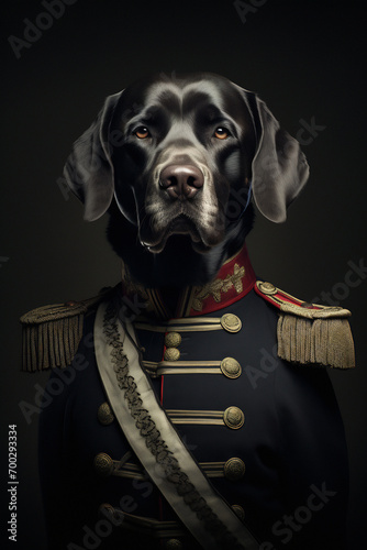 A portrait of a Labrador Retriever dog wearing historic military uniform. AI generative.