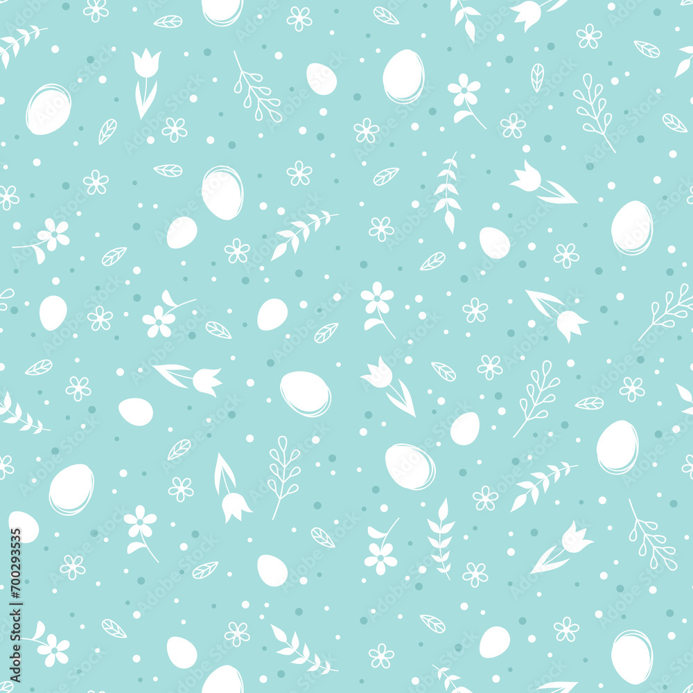 Easter seamless pattern with white flowers, Easter eggs and branches on a pastel green background. Vector illustration