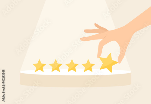 Hand putting five stars on pedestal under spotlight. Flat vector illustration