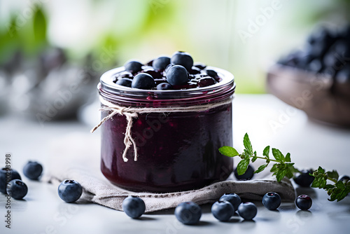 Jar with homemade marmalade or jam with blueberry fruits