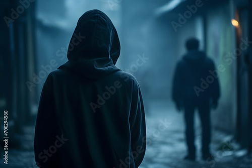 Man in hood following person at night. Concept for crime, robbery and assault photo
