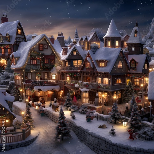 Christmas and New Year holidays background. Christmas trees, houses and houses in the snow. © Iman