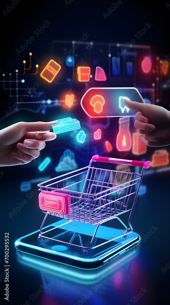 Digital composite of Hand touching shopping cart with social media icons on screen