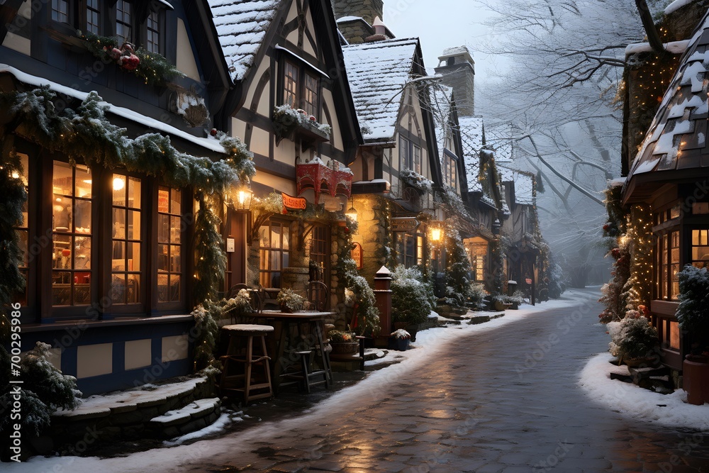 Winter street in the old town of Hallstatt, Austria.