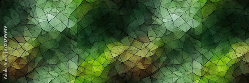 Beautiful abstract panoramic background. Vintage mosaic pattern of polygons in shades of green, inspired by nature. Wide texture background with seamless pattern. Great for design. Generative AI. photo