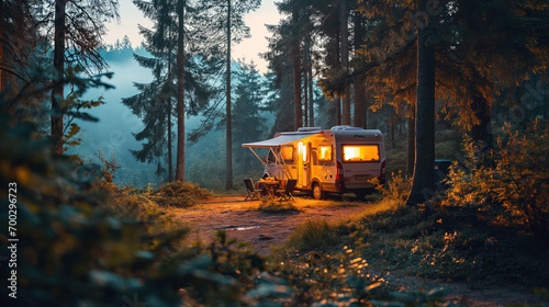 Camping in the woods, campfire, motor home.  Active recreation concept © mikhailberkut