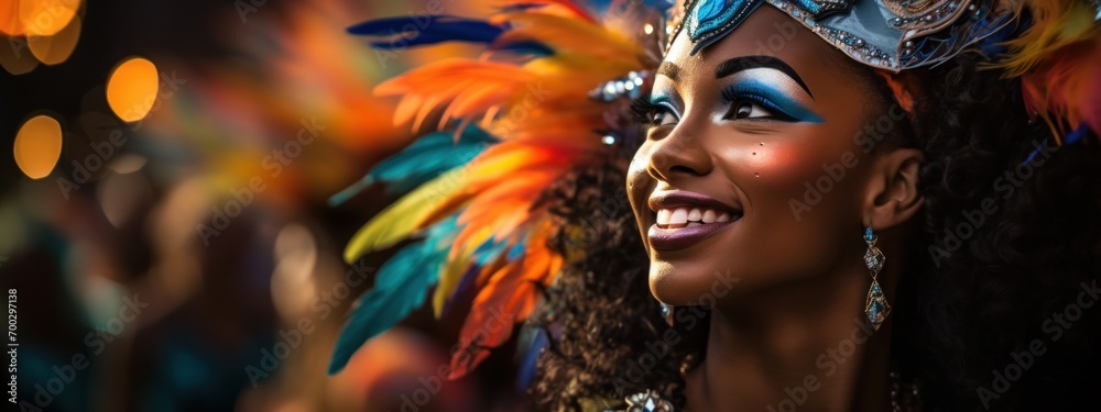 Close-up portrait of beautiful young woman in bright masquerade makeup, with stylish luxury accessories. Traditional carnival