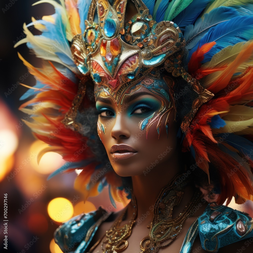 Portrait of beautiful young woman with bright makeup wearing luxurious, stylish, feather head crown, accessories for fashion carnival Portrait of beautiful young woman with bright makeup wearing luxurious, stylish, feather head crown, accessories for fashion carnival