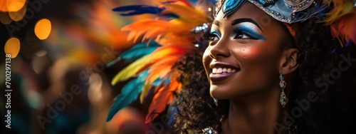 Close-up portrait of beautiful young woman in bright masquerade makeup, with stylish luxury accessories. Traditional carnival