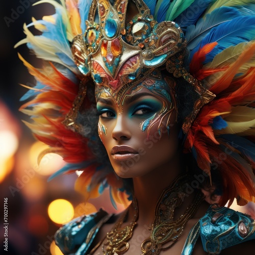 Portrait of beautiful young woman with bright makeup wearing luxurious, stylish, feather head crown, accessories for fashion carnival