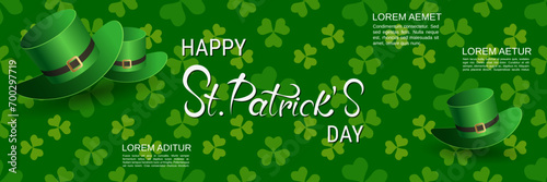 St.Patrick's Day vector banner template. Green pattern background with colorful clover leaves