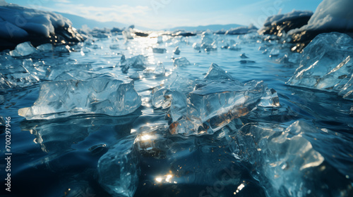 Blue ice with cracks and hummocks, stalactites and icicles, shards of ice and crystal. The natural background. The ice is close. Sun glare on the blue ice .  Glacier ice photo