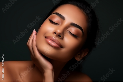 Beautiful happy young Indian woman touching her face caring for facial skin. Skincare concept photo
