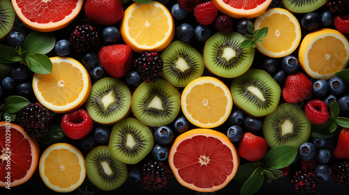 Summer background with lemon fruits  orange  blueberries and mint leaves. Composition with assorted fruits. 