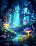 Fantasy forest with mushrooms in the night - illustration for children.