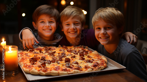 children eat pizza in a restaurant. Four young children indoors with pizza smiling