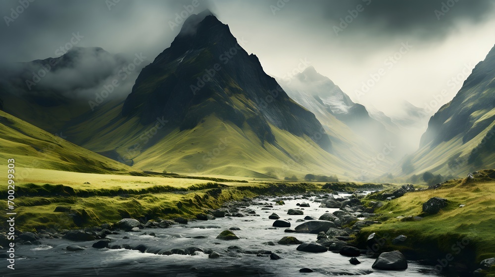Panoramic view of a mountain river flowing through a valley under a cloudy sky