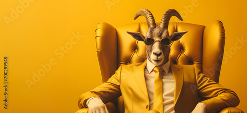 A cool looking Capricorn portrait with glasses, in a suit and tie sitting in the armchair. A Humanoid zodiac sign posing as a Boss, isolated on a pastel yellow background.