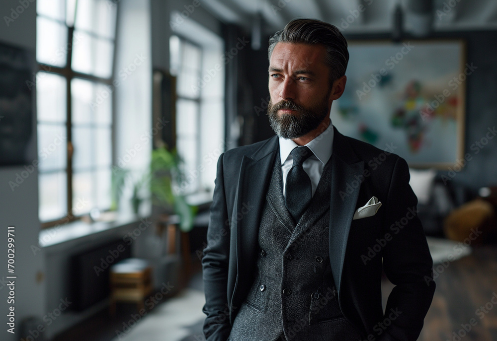 Stylish bearded man in a suit standing in modern office Stylish bearded man in a suit standing in modern office