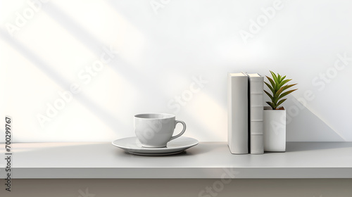 white coffee cup on a saucer, a stack of books, and a potted plant on a white shelf against a white wall with light shadows