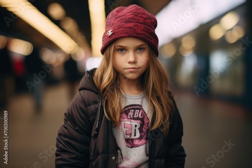 portrait of a little girl in a hat and jacket on the street