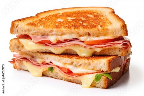 Crispy toasted sandwiches with ham, melted cheese and tomato on white background, Street food photo