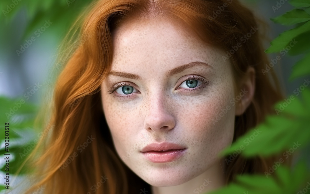 Portrait of a fair-skinned redhead European 30 year old girl with green leaves of the trees on a bright morning. Closeup portrait of magnificent lady. Fashion shot of young gorgeous female.