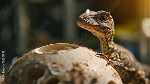 A baby raptor hatched from a dinosaur egg in a laboratory close-up animation scene