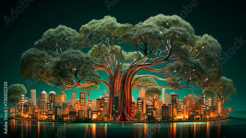 Tree protecting the city's buildings, integrated as organic processor and connector, concept of merging nature and technology and future clean, renewablegreen energy in sustainable technology