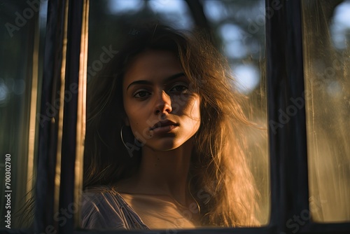 Emotional and ephemeral dreamcore wide angle lens camera is looking through a highly reflective window pane covered in translucent grease to reveal a portrait of a beautiful girl