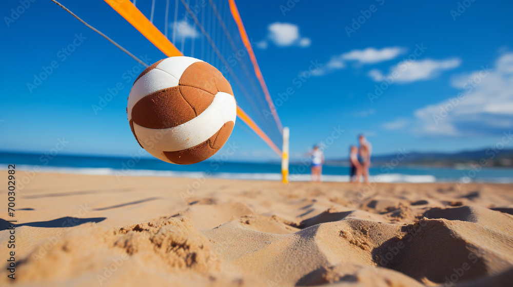 Ball Near The Volleyball Net At The Beach 